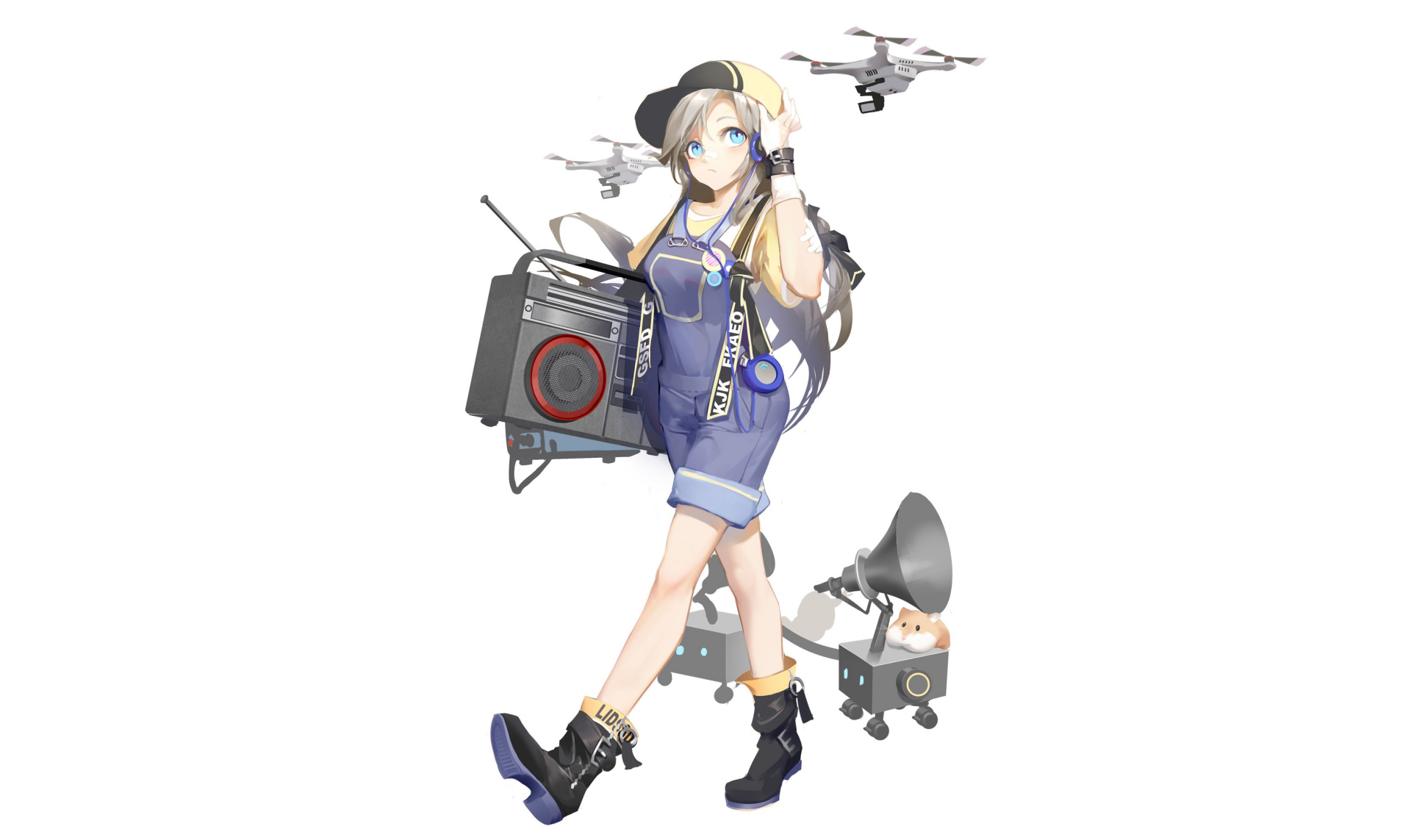 Anime original girl in blue outfit with headphones, carrying a boombox as drones hover and a gramophone robot follows — 2K Quad HD PC desktop wallpaper and background.