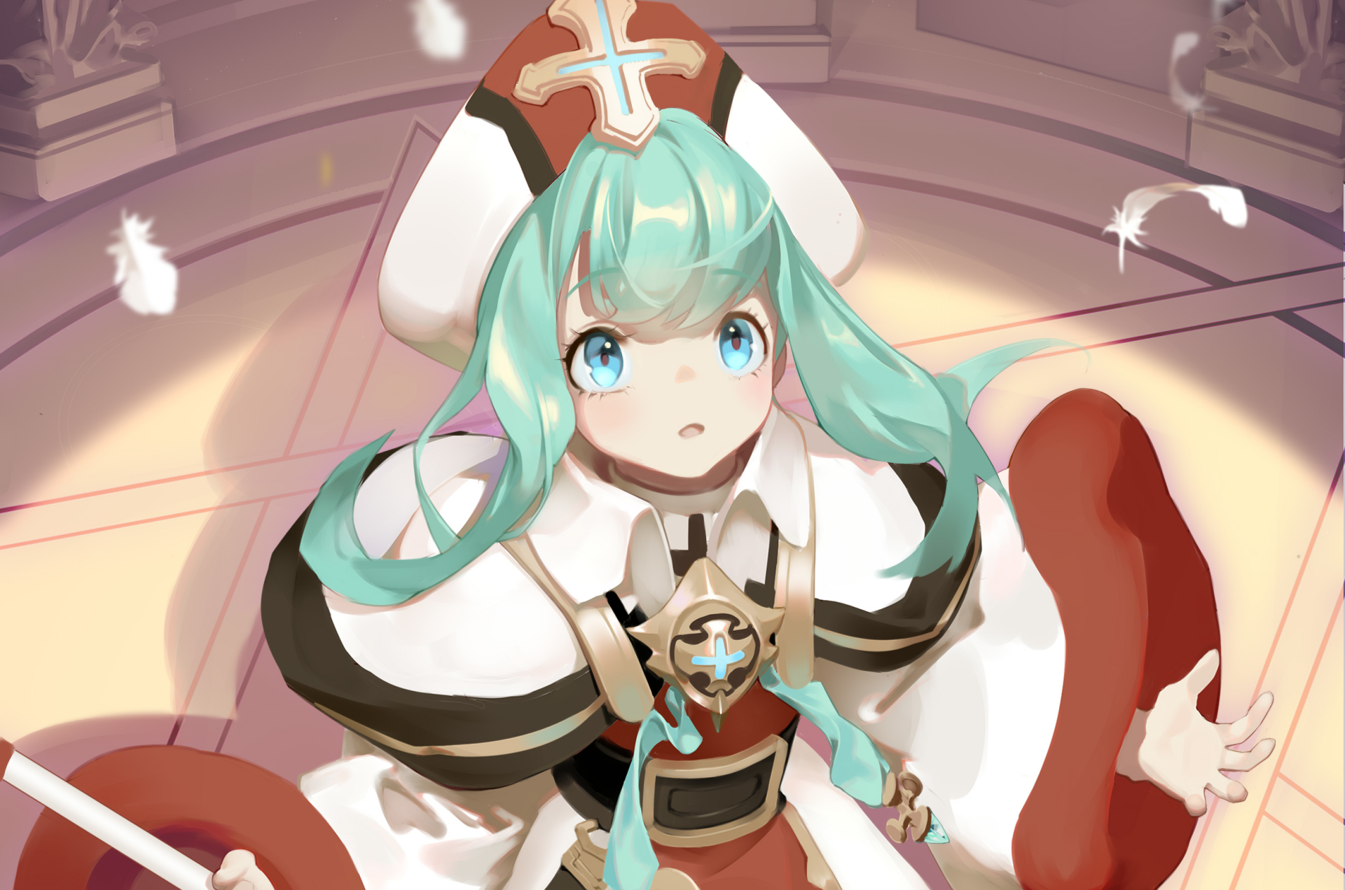 Original anime HD PC desktop wallpaper/background: turquoise‑haired cleric girl with blue eyes, white‑and‑red robes and floating feathers, gazing upward in soft, glowing light.