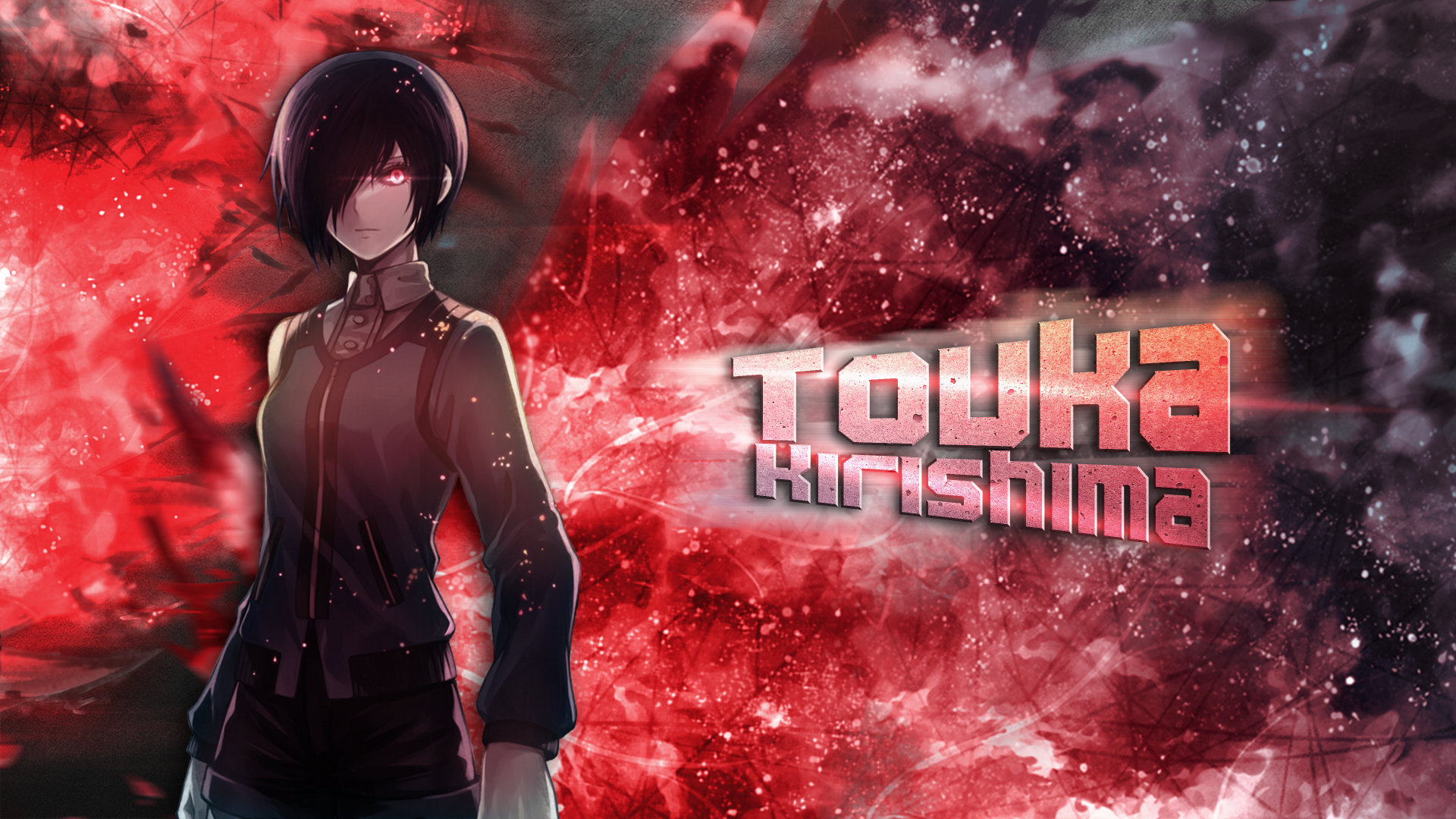 Touka Kirishima from Tokyo Ghoul in a 4K Ultra HD anime PC wallpaper, standing left against a fiery red abstract background with a glowing eye and bold Touka Kirishima logo.