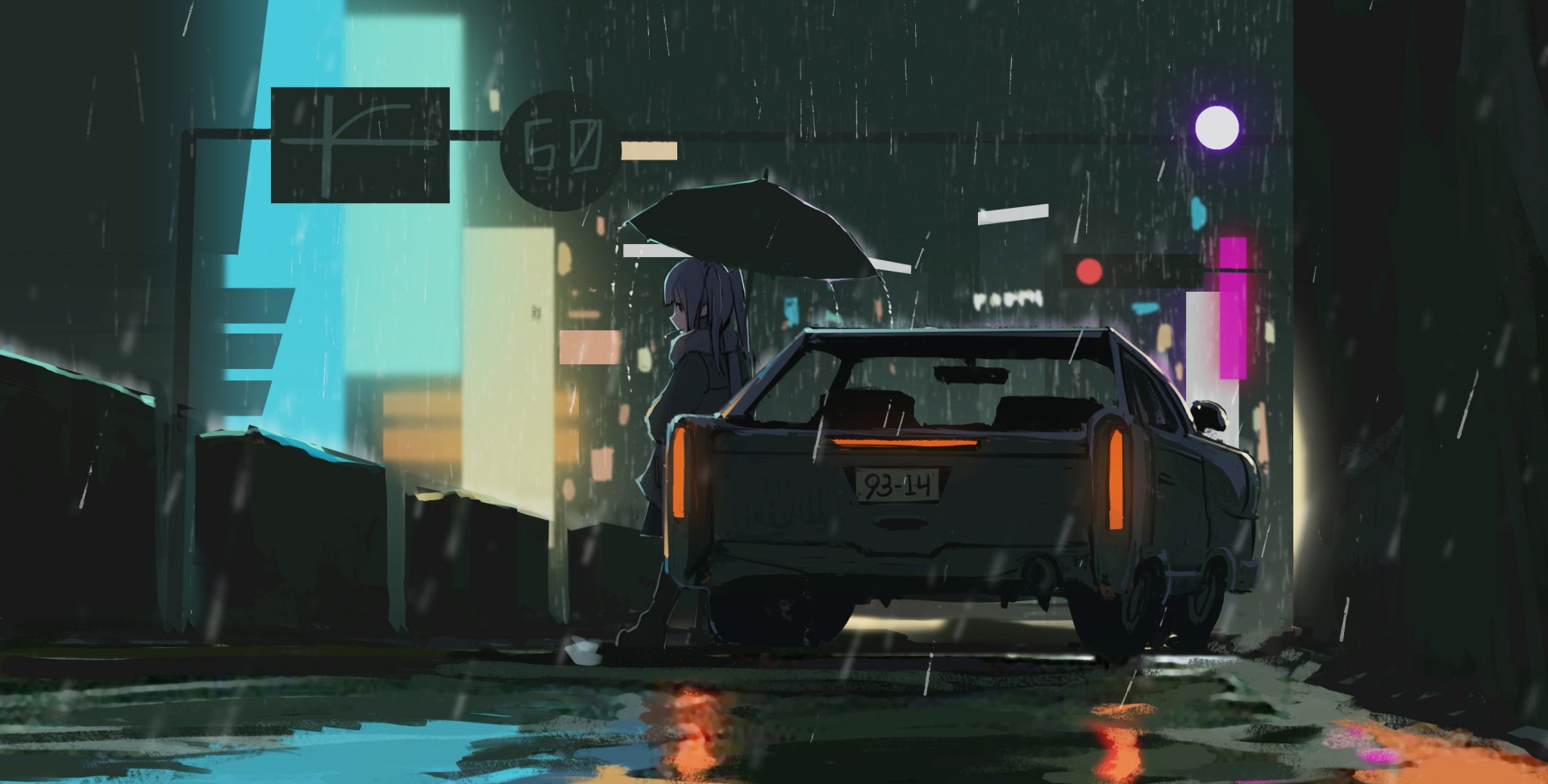Anime-style HD desktop wallpaper depicting a car parked on a rainy street at night, with a person holding an umbrella nearby, blending original and rain anime themes.