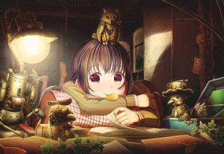 Anime original HD PC desktop wallpaper featuring a girl with large eyes resting on a table surrounded by small mechanical owl figures in a warmly lit room.