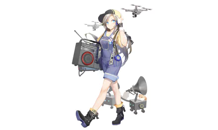 Anime original girl in blue outfit with headphones, carrying a boombox as drones hover and a gramophone robot follows — 2K Quad HD PC desktop wallpaper and background.