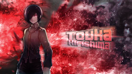 Touka Kirishima from Tokyo Ghoul in a 4K Ultra HD anime PC wallpaper, standing left against a fiery red abstract background with a glowing eye and bold Touka Kirishima logo.