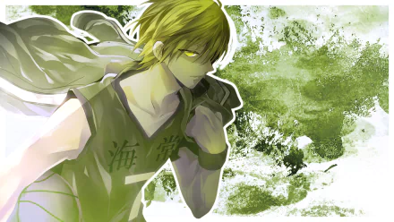Ryōta Kise from Kuroko's Basketball, blond-haired in a green-tinted action pose with intense gaze and basketball jersey, abstract green paint background — 4K Ultra HD PC desktop wallpaper.