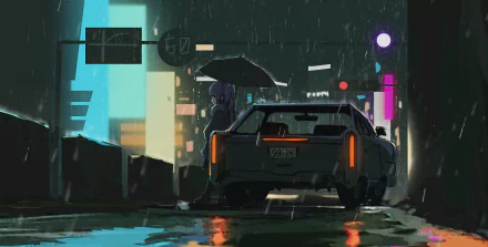 Anime-style HD desktop wallpaper depicting a car parked on a rainy street at night, with a person holding an umbrella nearby, blending original and rain anime themes.