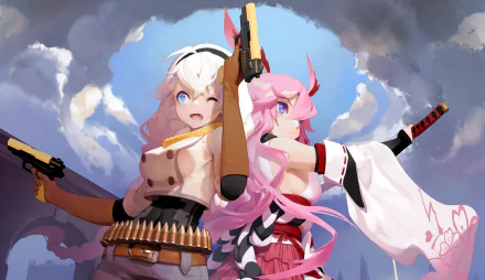 HD PC desktop wallpaper featuring two dynamic female characters from the video game Honkai Impact 3rd, set against a dramatic cloudy sky backdrop.