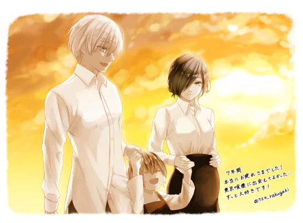 Anime-style HD desktop wallpaper of Tokyo Ghoul characters Ichika Kaneki, Ken Kaneki, and Touka Kirishima smiling together against a vibrant sunset background.