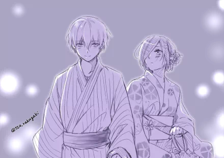 Anime-style HD desktop wallpaper featuring Tokyo Ghoul characters Ken Kaneki and Touka Kirishima in traditional yukata, with a soft blush and serene expressions.