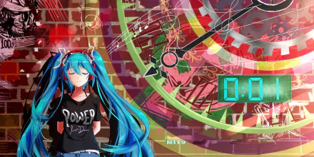 HD desktop wallpaper featuring Hatsune Miku with long blue twintails, wearing a black shirt against a colorful, abstract background with a clock. The anime character exudes a pensive mood.