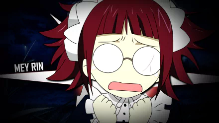 HD PC desktop wallpaper of Mey Rin from Black Butler: chibi-style maid with round glasses and red hair, startled expression, wearing a frilled maid outfit against a dark blue background.