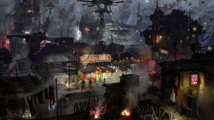 A detailed 4K Ultra HD sci-fi cityscape featuring futuristic buildings and neon lights, creating a dark, atmospheric urban environment for a PC desktop wallpaper.