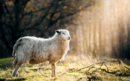 A sheep (animal) stands on sunlit grass before a blurred woodland — 2K Quad HD PC desktop wallpaper/background.