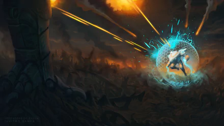 Defenders of Ekron video game 4K Ultra HD PC desktop wallpaper: lone armored defender conjures a blue energy shield, deflecting orange laser fire across a smoke-filled, ruined battlefield.