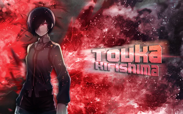 Touka Kirishima from Tokyo Ghoul in a 4K Ultra HD anime PC wallpaper, standing left against a fiery red abstract background with a glowing eye and bold Touka Kirishima logo.