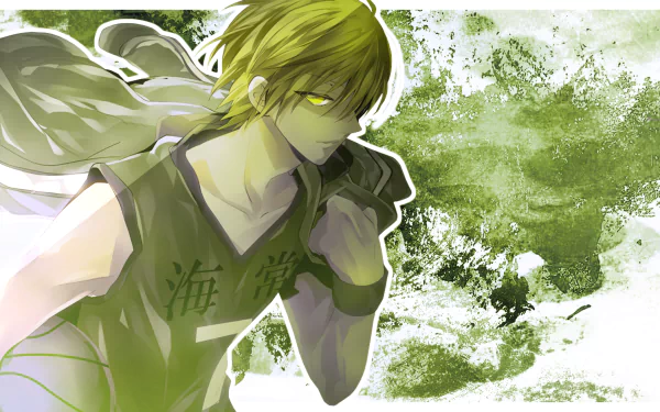 Ryōta Kise from Kuroko's Basketball, blond-haired in a green-tinted action pose with intense gaze and basketball jersey, abstract green paint background — 4K Ultra HD PC desktop wallpaper.