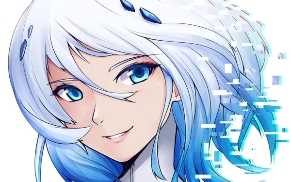 Close-up of Lacia (Beatless), white-haired anime character with bright blue eyes, HD PC desktop wallpaper background featuring glitching blue pixel effects.