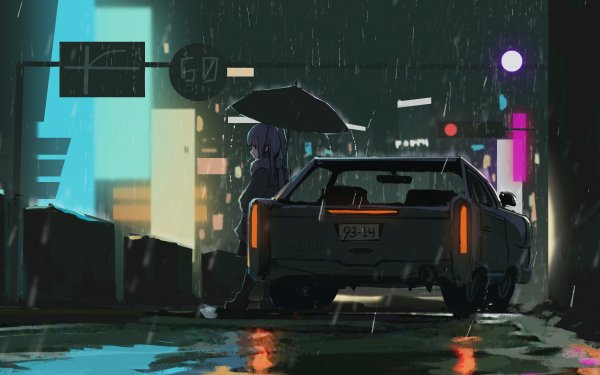 Anime Original Rain Umbrella Car HD Wallpaper | Background Image