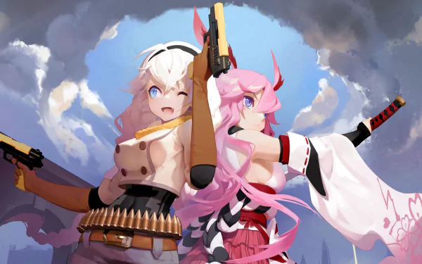 HD PC desktop wallpaper featuring two dynamic female characters from the video game Honkai Impact 3rd, set against a dramatic cloudy sky backdrop.