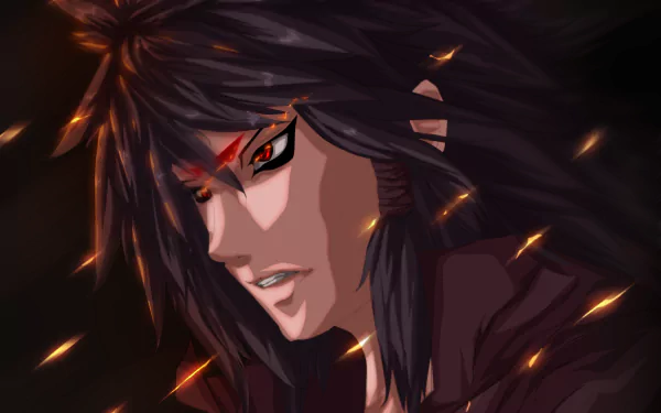 HD anime desktop wallpaper featuring Indra Ōtsutsuki from Naruto, showcasing intense expression and dynamic lighting with fiery particles.