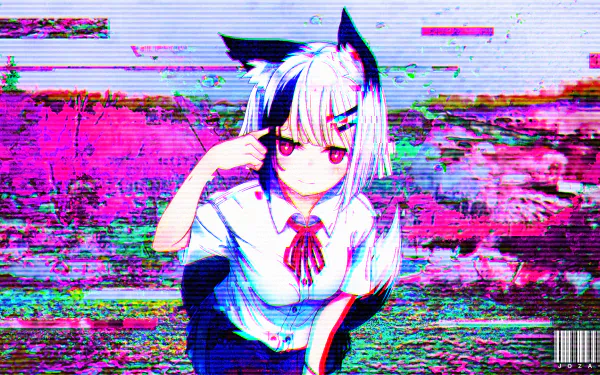 An HD desktop wallpaper featuring an anime girl with two-toned hair and animal ears. The background is a multicolored glitch art style.