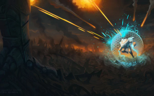Defenders of Ekron video game 4K Ultra HD PC desktop wallpaper: lone armored defender conjures a blue energy shield, deflecting orange laser fire across a smoke-filled, ruined battlefield.