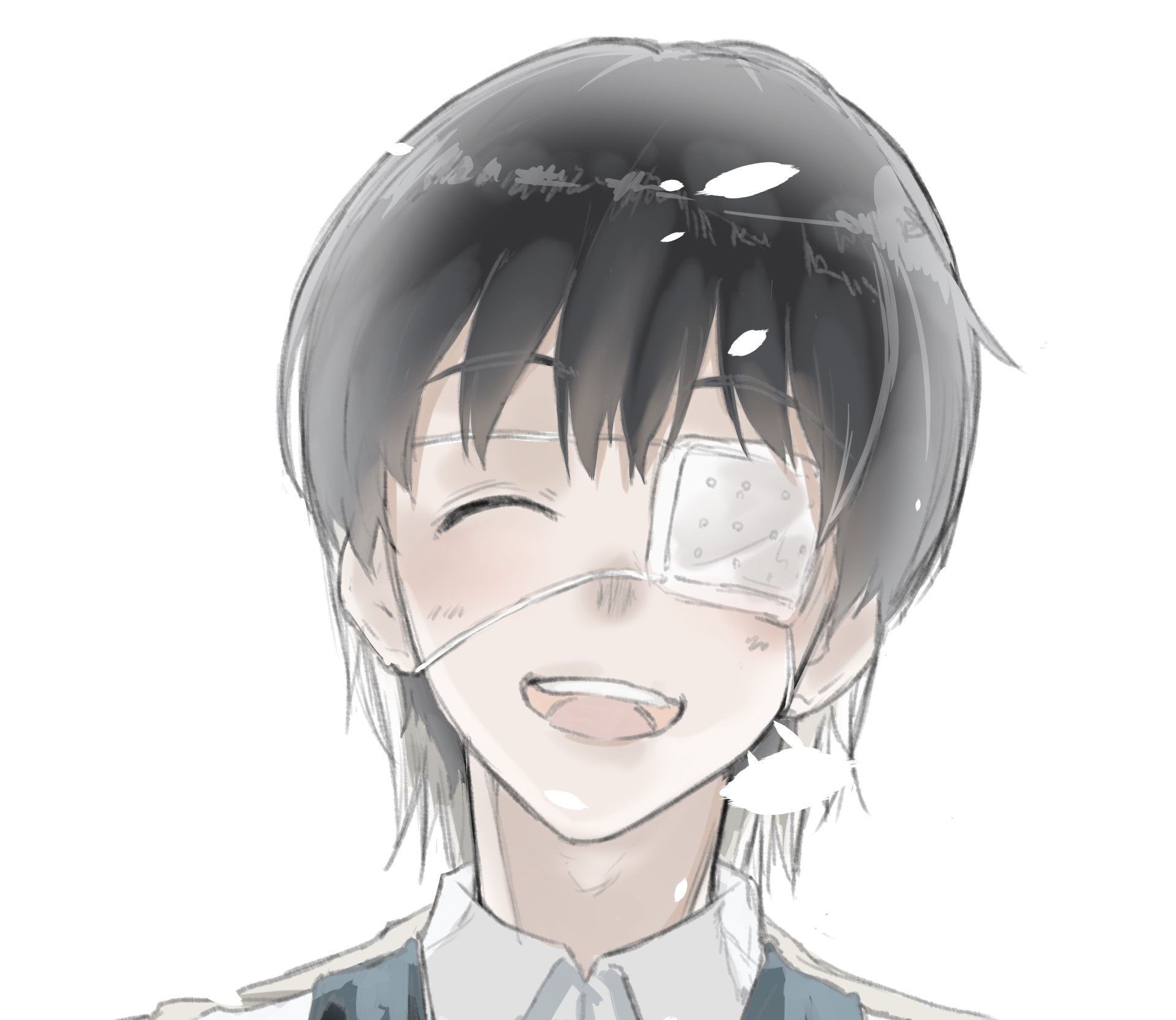 Ken Kaneki (Tokyo Ghoul) smiling with an eyepatch in soft watercolor anime style — 5K Ultra HD PC desktop wallpaper and background.