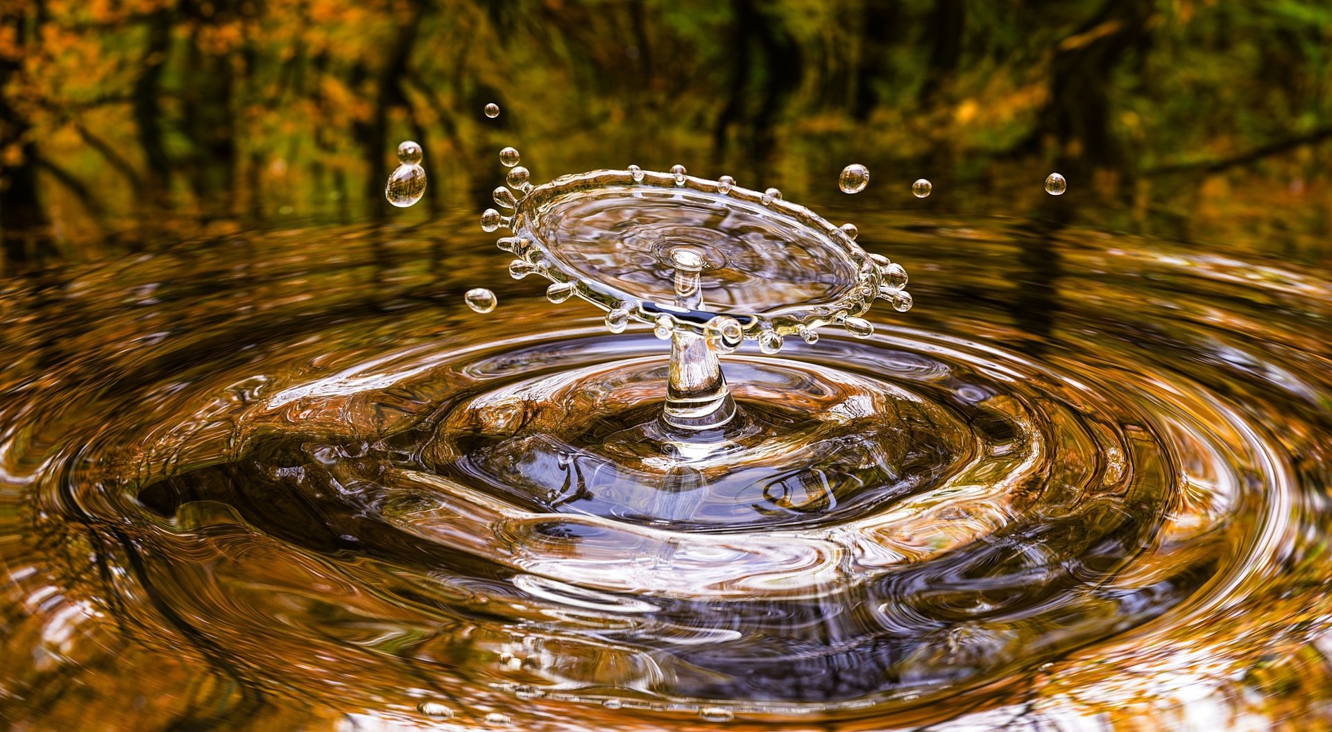 Water drop splash photography: crown-shaped droplet and concentric ripples reflecting warm gold tones — 4K Ultra HD PC desktop wallpaper/background.