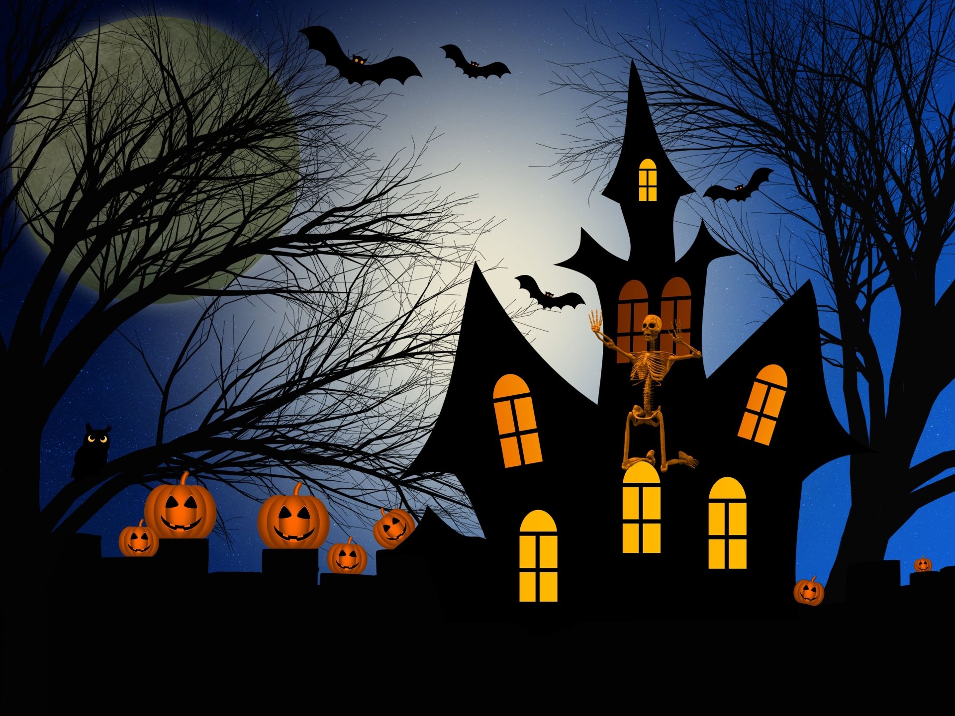 Dark Halloween scene featuring a haunted house with glowing windows, flying bats, carved pumpkins, and a skeleton under a full moon, shown in 4K Ultra HD quality.