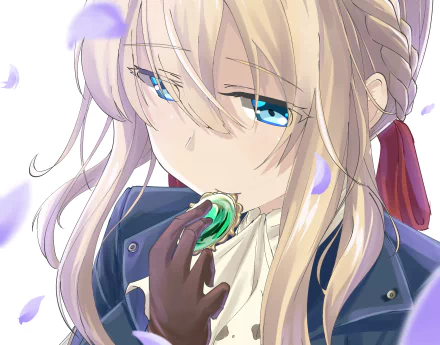 Violet Evergarden (character), anime — close-up of blonde Violet with blue eyes holding a glowing green brooch, wearing her blue uniform; HD PC desktop wallpaper/background.