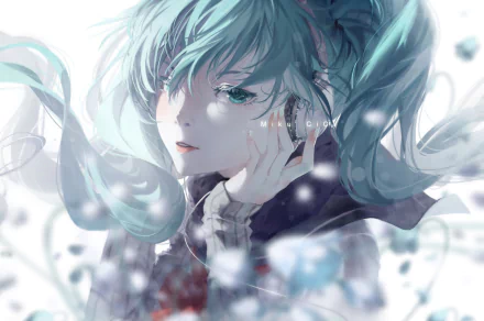 HD PC desktop wallpaper featuring Hatsune Miku from Vocaloid in an anime art style with flowing teal hair and a soft, ethereal background.