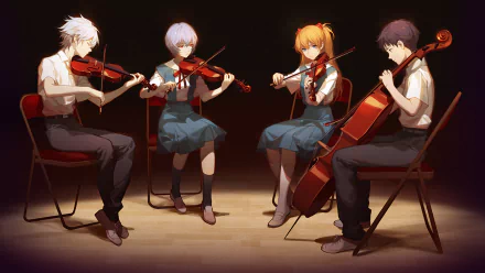 HD desktop wallpaper featuring Neon Genesis Evangelion characters Asuka Langley Sohryu, Shinji Ikari, Rei Ayanami, and Kaworu Nagisa playing violins and a cello in a dimly lit setting.