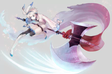 Anime original character with short white hair and blue eyes wielding a massive double-headed axe, pink ribbon and motion blur — 4K Ultra HD PC desktop wallpaper background.