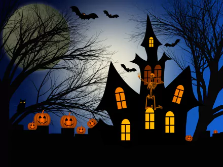 Dark Halloween scene featuring a haunted house with glowing windows, flying bats, carved pumpkins, and a skeleton under a full moon, shown in 4K Ultra HD quality.