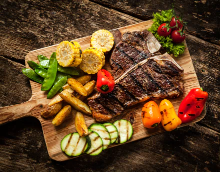 A vibrant 4K Ultra HD still life of a grilled steak with assorted vegetables including corn, snap peas, zucchini, and bell peppers on a wooden cutting board.