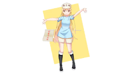 4K Ultra HD anime wallpaper featuring Platelet from Cells at Work! in a blue outfit and cap, standing with arms outstretched against a yellow geometric background.
