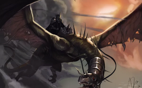 A Nazgûl from The Lord of the Rings rides a dark, armored dragon against a fiery sky in this HD fantasy desktop wallpaper.