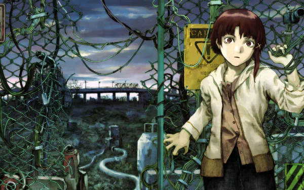 HD PC desktop wallpaper featuring Lain Iwakura amid a tangled fence of cables and warning signs, overlooking an overgrown, dystopian urban landscape.