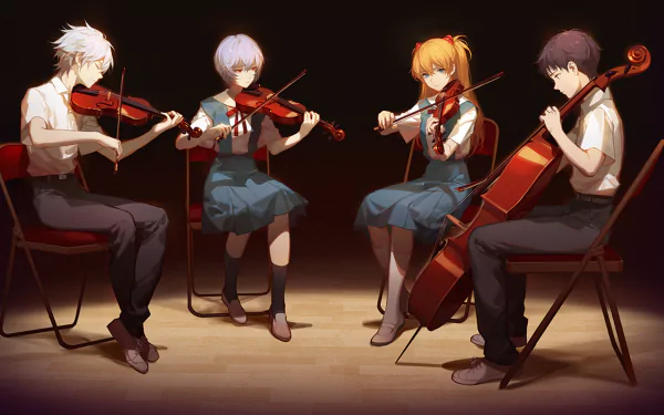 HD desktop wallpaper featuring Neon Genesis Evangelion characters Asuka Langley Sohryu, Shinji Ikari, Rei Ayanami, and Kaworu Nagisa playing violins and a cello in a dimly lit setting.