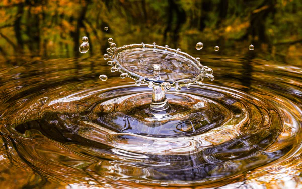 Water drop splash photography: crown-shaped droplet and concentric ripples reflecting warm gold tones — 4K Ultra HD PC desktop wallpaper/background.