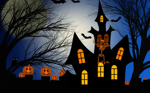 Dark Halloween scene featuring a haunted house with glowing windows, flying bats, carved pumpkins, and a skeleton under a full moon, shown in 4K Ultra HD quality.