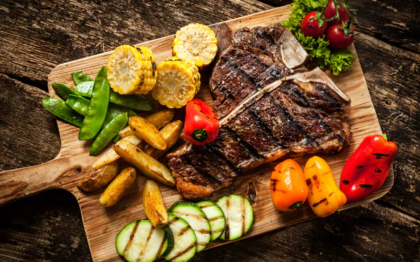 A vibrant 4K Ultra HD still life of a grilled steak with assorted vegetables including corn, snap peas, zucchini, and bell peppers on a wooden cutting board.