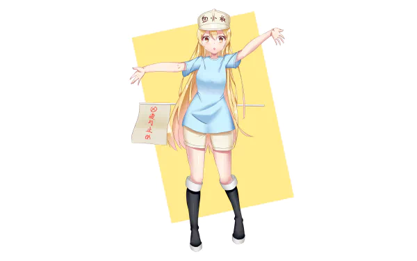 4K Ultra HD anime wallpaper featuring Platelet from Cells at Work! in a blue outfit and cap, standing with arms outstretched against a yellow geometric background.