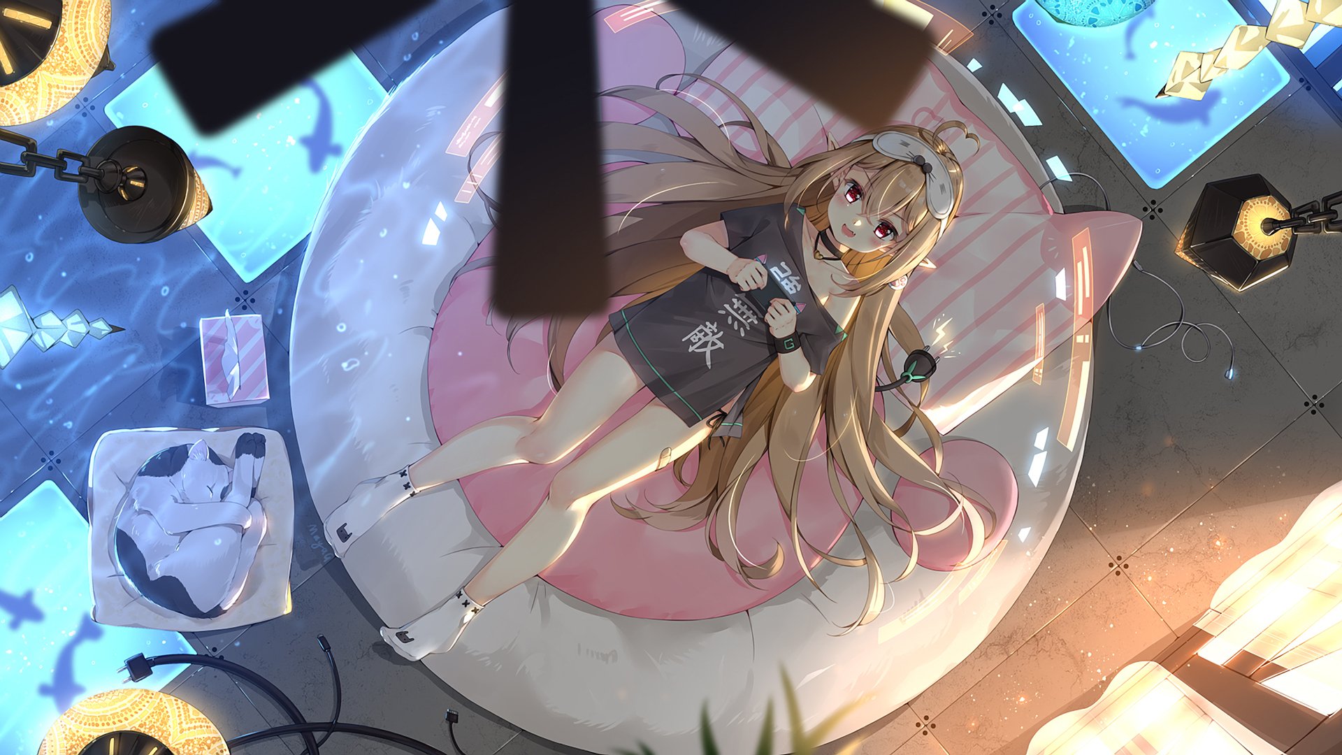 HD anime desktop wallpaper featuring a girl with long hair lying on a circular cushion in a softly lit room, surrounded by various objects and warm lighting.