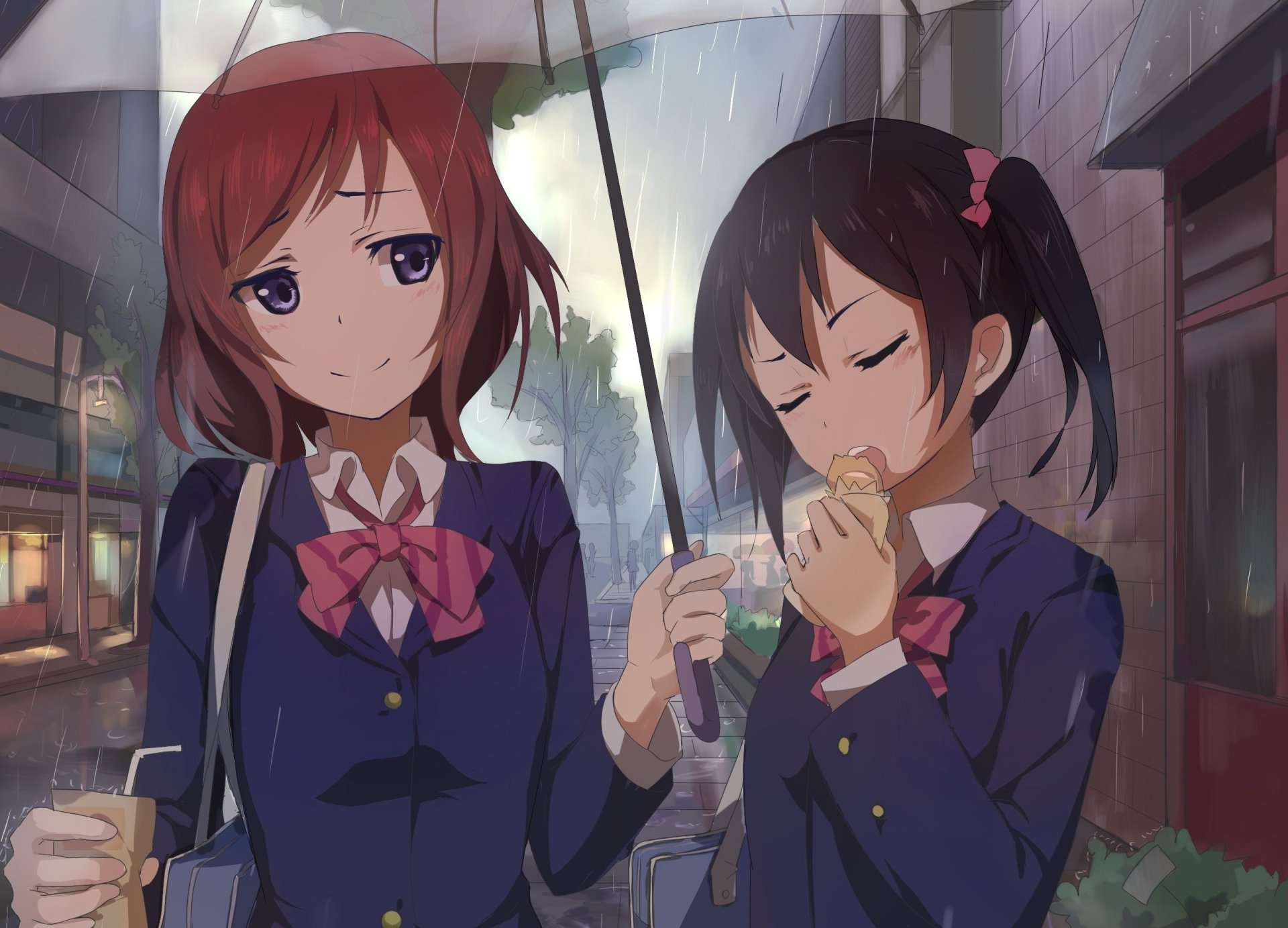Anime characters Nico Yazawa and Maki Nishikino from Love Live! share an umbrella in the rain, captured in a HD wallpaper and background image.