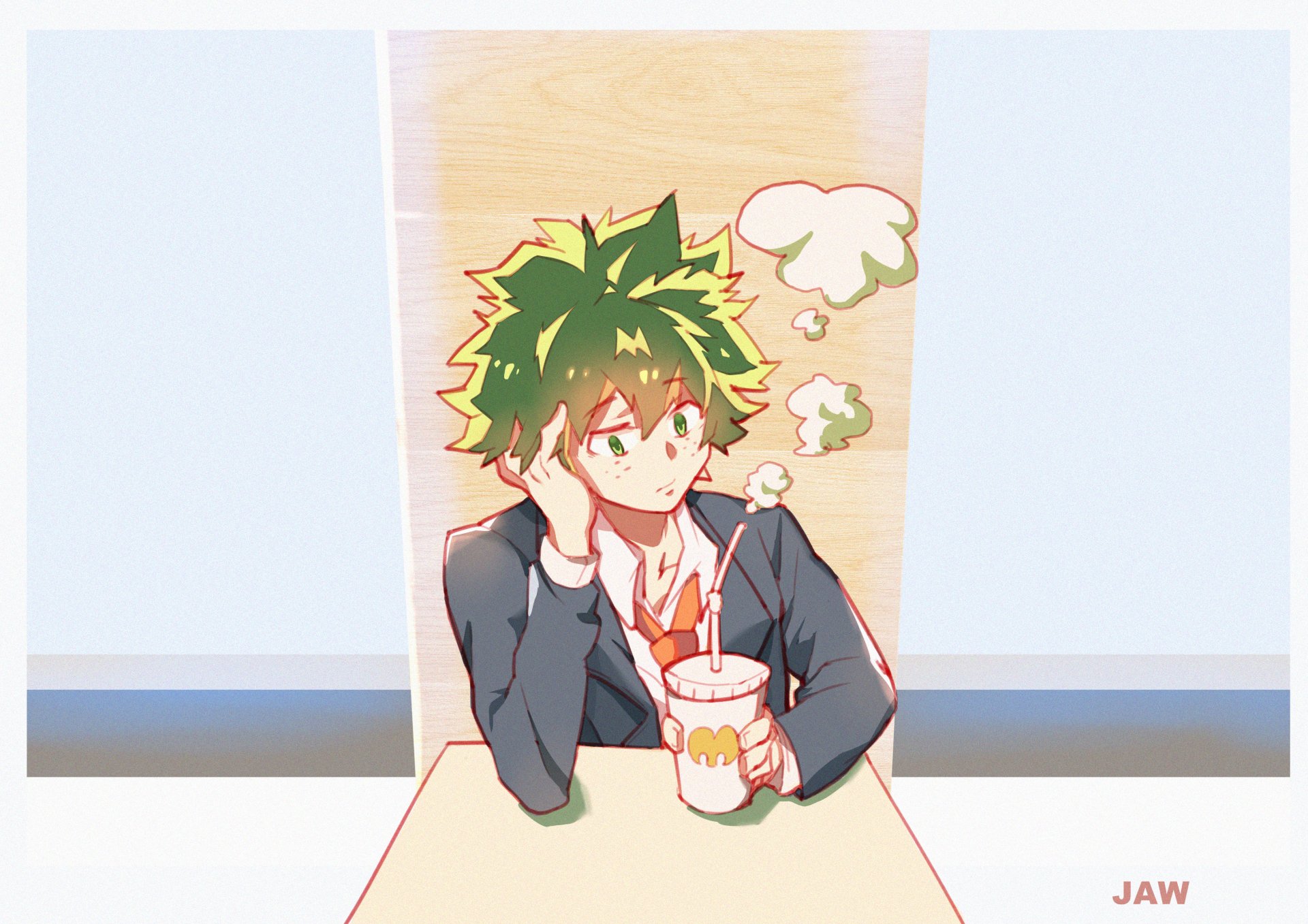 Izuku Midoriya (My Hero Academia) anime portrait — daydreaming at a table with a straw cup, soft pastel colors; 2K Quad HD PC desktop wallpaper/background.