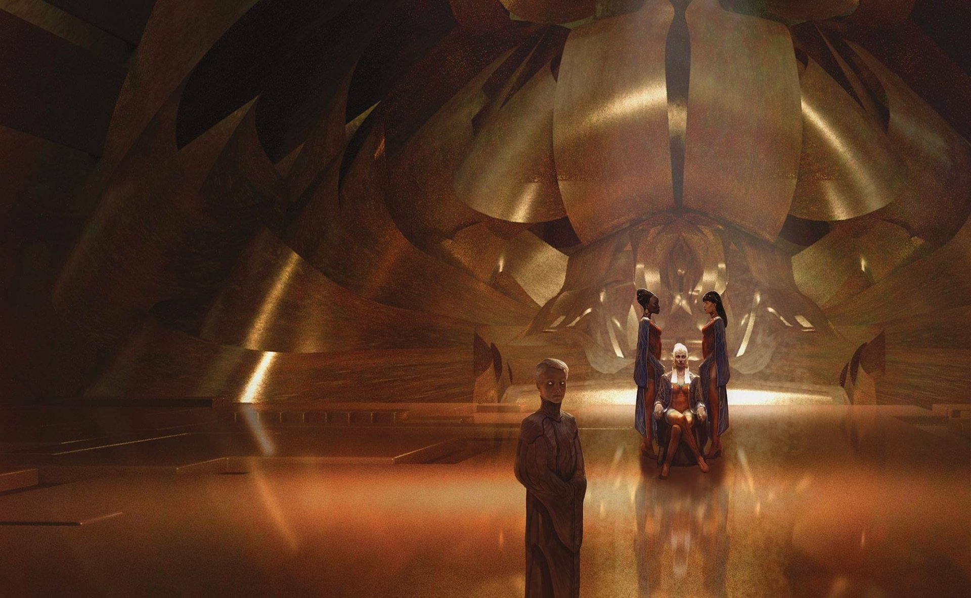 HD PC desktop wallpaper and background: fantasy scene of a lone woman in a reflective hall watching robed figures around a glowing ritual beneath golden vaulted architecture.