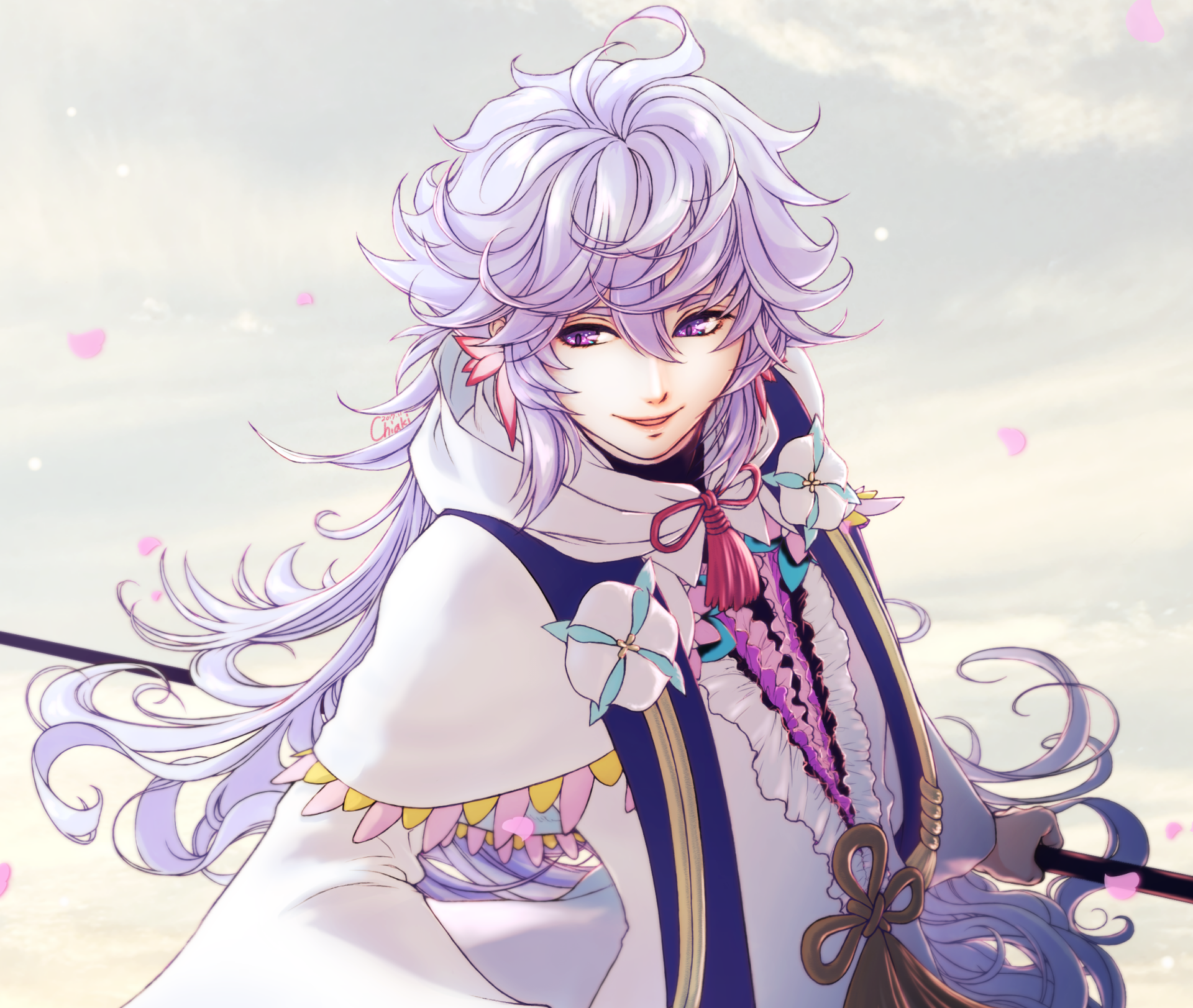 HD PC desktop wallpaper of Merlin (Fate Series) from Fate/Grand Order — pastel anime portrait with flowing lavender hair, ornate white cloak, floral accents, and a gentle smile.