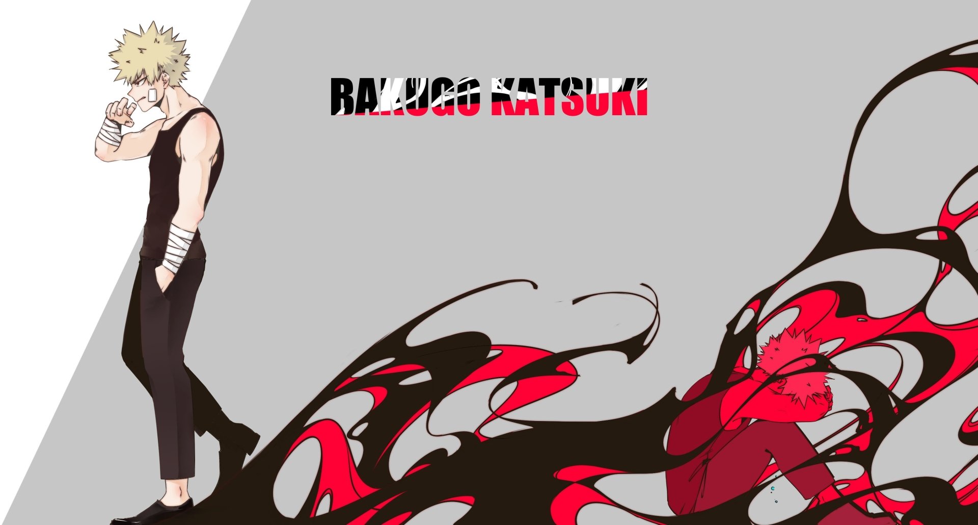 HD PC wallpaper featuring Katsuki Bakugou from My Hero Academia with bold black, white, and red abstract designs flowing beside the character on a light gray background.