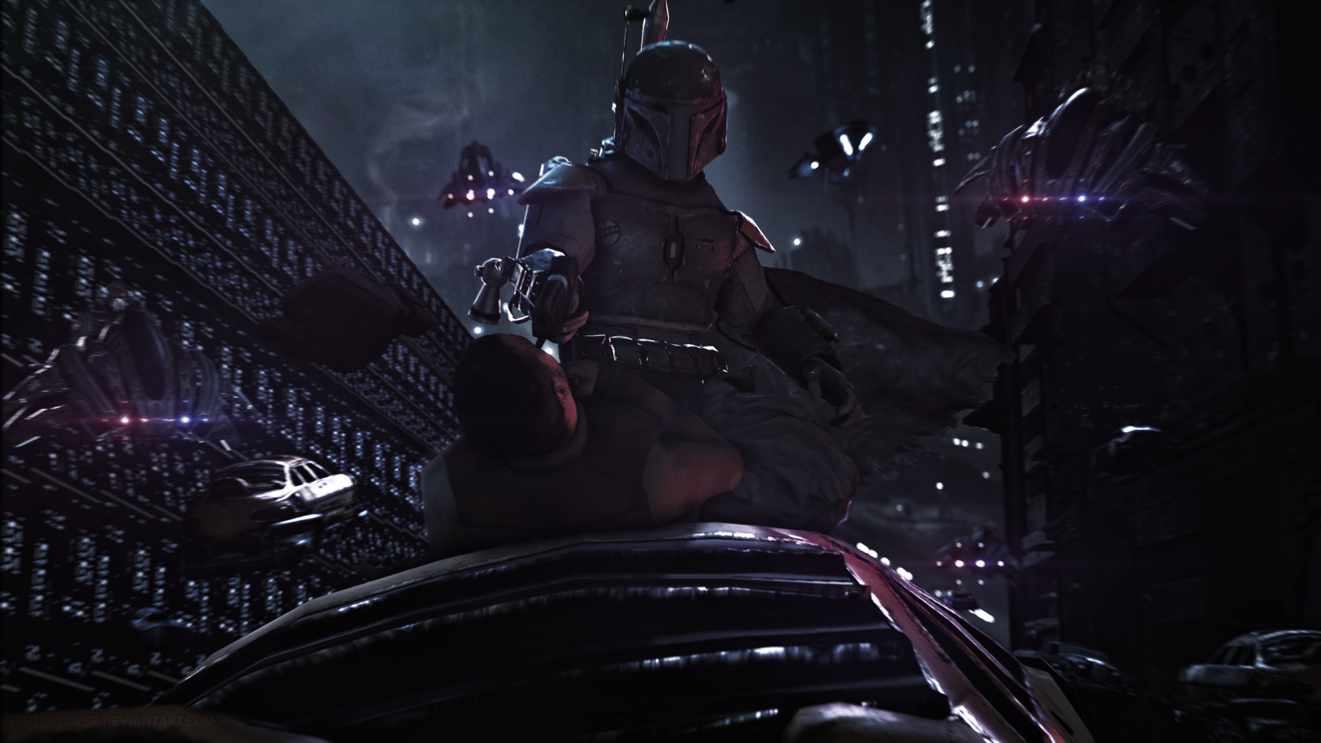 Boba Fett stands on a vehicle in a dark, futuristic cityscape, showcasing a sci-fi Star Wars scene in this HD PC desktop wallpaper.