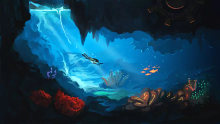 HD fantasy underwater scene depicting a diver exploring a glowing, vibrant ocean cavern filled with colorful coral and schools of fish, designed as a PC desktop wallpaper.